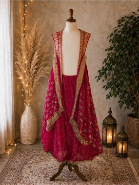 Fuchsia Embellished Ethnic Lehenga with Gold Trim